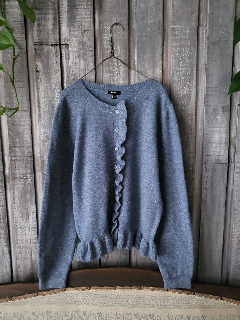 MEXX Blue Ruffle Trim Knit Cardigan Sweater Size L NWT